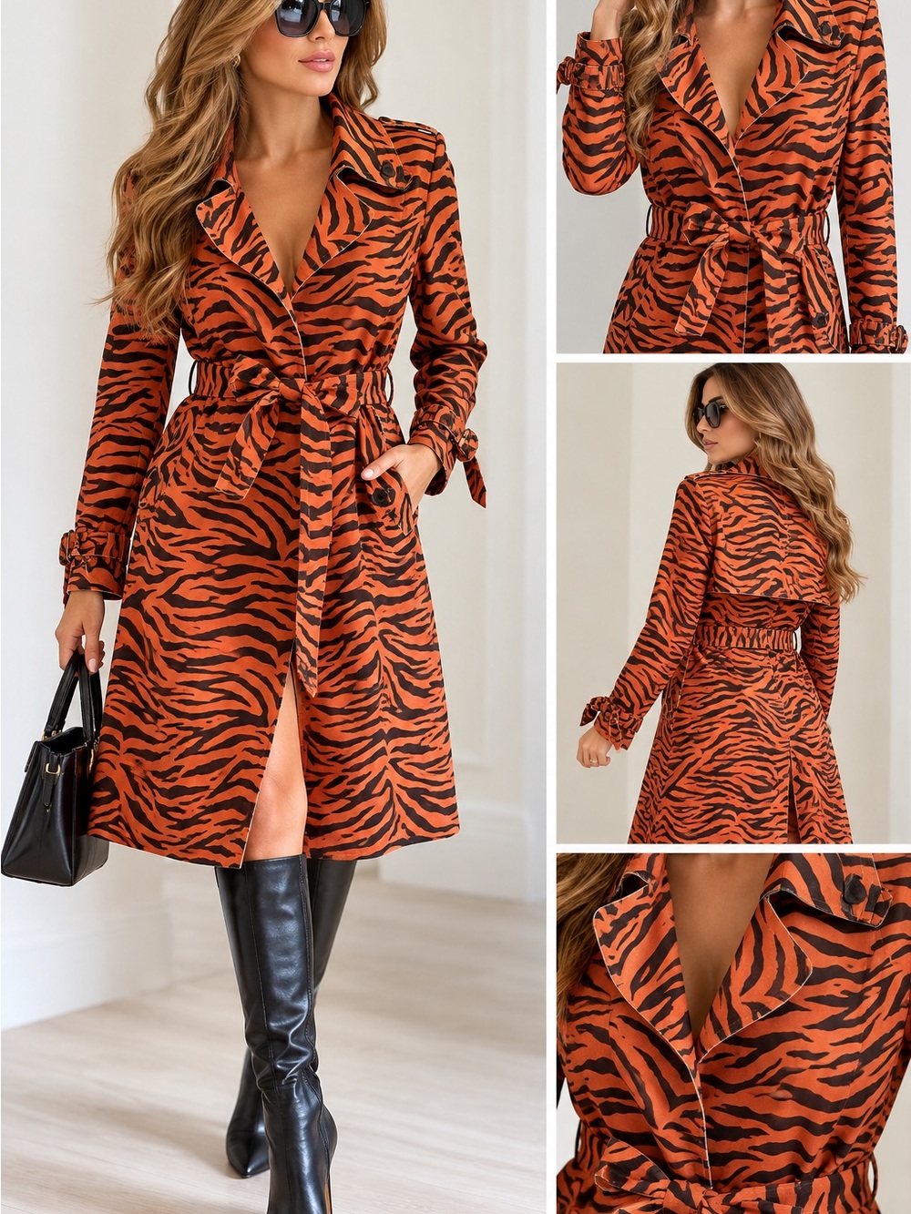 Tiger-Print Belted Trench Coat in Orange